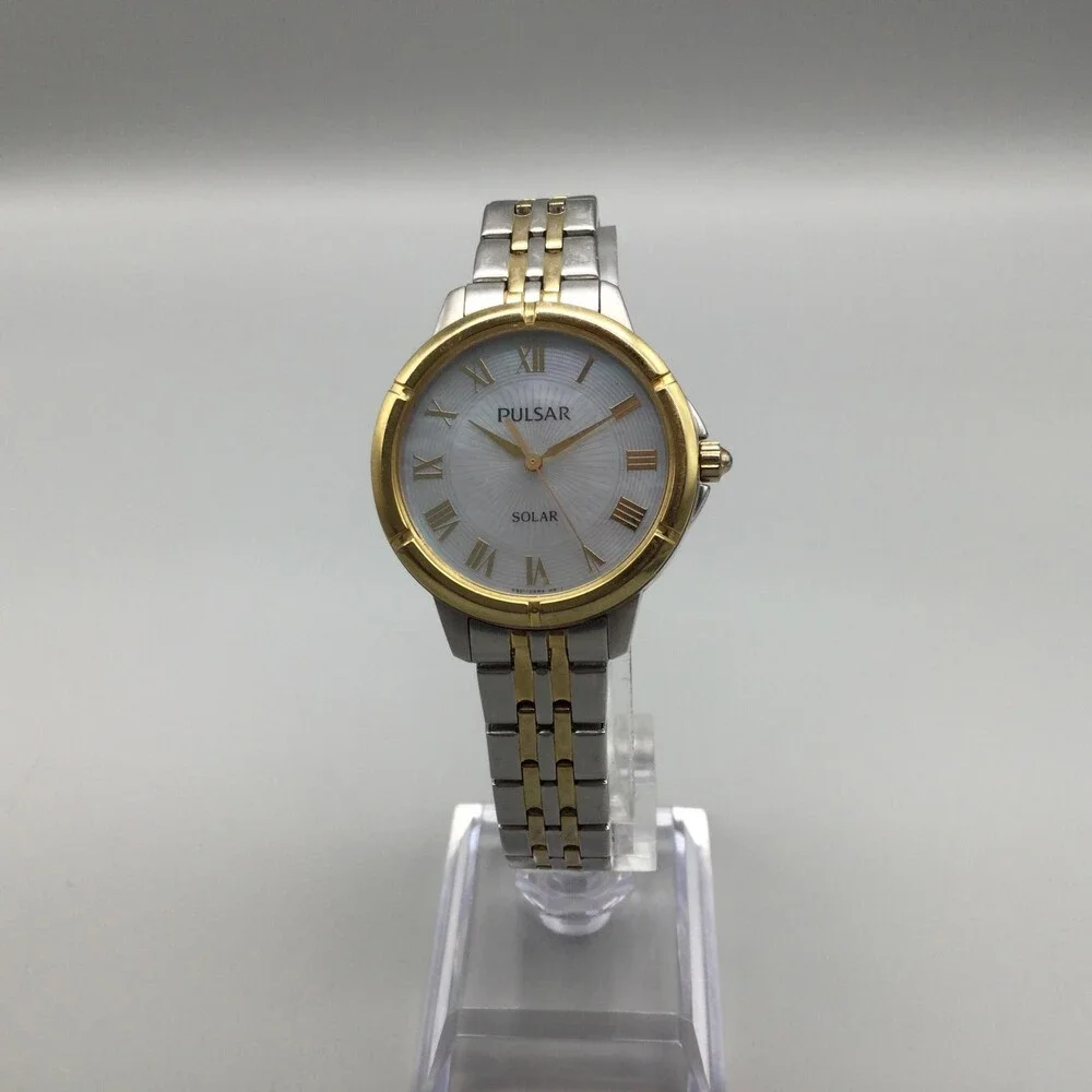 Pulsar Solar Womens Watch 31mm White Dial Two Tone Stainless Bracelet 7.25
